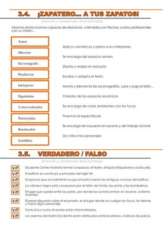 (Atención y comprensión de la actividad)
Veamos ahora si somos capaces de relacionar, uniéndolos con flechas, a estos profesionales
con su misión…
Aplica cosméticos y peina a los intérpretes
Se encarga del espacio sonoro
Diseña y realiza el vestuario
Escribe o adapta el texto
Monta y desmonta las escenografías, sube y baja el telón…
Creador de los espacios escénicos
Se encarga de crear ambientes con los focos
Financia el espectáculo
Se encarga de la puesta en escena y del trabajo actoral
Da vida a los personajes
Autor
Director
Escenógrafo
Productor
Intérprete
Figurinista
Caracterizador
Tramoyista
Iluminador
Sonidista
(Atención y comprensión de la actividad)
Escalante Centre Teatral lo forman 3 espacios: el Teatro, el Espai d’Exposicions y la Escuela.
El edificio se construyó a principios del siglo XX.
El espacio que actualmente ocupa el teatro fueron las antiguas cocinas del edificio.
La cámara negra está compuesta por el telón de fondo, las patas y las bambalinas.
El lugar que queda entre las patas, por donde los actores entran en escena, se llama
Avenida.
El peine,dispuesto sobre el escenario, es el lugar donde se cuelgan los focos, los telones
y hasta algún personaje.
Tanto la luz como el sonido están informatizados.
Los asientos del teatro Escalante están distribuidos entre la platea y 4 alturas de palcos.
3.4. ¡ZAPATERO... A TUS ZAPATOS!
3.5. VERDADERO / FALSO
V/F
V/F
V/F
V/F
V/F
V/F
V/F
V/F
 