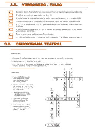 Horizontales:
1.- Perforación del escenario que se usa para hacer aparecer elementos en escena.
2.- Boca de escena. Arco del proscenio.
3.- Espacio situado bajo el escenario. Puede usarse para elevar objetos sobre el
mismo e incluso como camerino o almacén.
Verticales:
1.- Telón corto horizontal,
generalmente negro,
que sirve para tapar
las varas y focos.
2.- Parrilla formada por varas
de las que se cuelgan focos,
telones, decorados y hasta
los intérpretes.
3.- Telón recortado que
reproduce decorados
bidimensionales.
4.- Parte del escenario
situada delante de
la embocadura.
5.- Telón estrecho vertical,
generalmente negro
que cierra el escenario
por los laterales.
T R A M P I L L A
P
T
A
F O S O
1
3
3
5
1
2
4
2
E M B O C A D U R A
R
O
P
I
M
I
E
N
T
R
B
A
T
A
C
B
A
B
A
L
I
N
P
E
N
E
3.5. VERDADERO / FALSO
Escalante Centre Teatral lo forman 3 espacios: el Teatro, el Espai d’Exposicions y la Escuela.
El edificio se construyó a principios del siglo XX.
El espacio que actualmente ocupa el teatro fueron las antiguas cocinas del edificio.
La cámara negra está compuesta por el telón de fondo, las patas y las bambalinas.
El lugar que queda entre las patas, por donde los actores entran en escena, se llama
Avenida.
El peine,dispuesto sobre el escenario, es el lugar donde se cuelgan los focos, los telones
y hasta algún personaje.
Tanto la luz como el sonido están informatizados.
Los asientos del teatro Escalante están distribuidos entre la platea y 4 alturas de palcos.
V
F
F
V
F
V
V
F
3.8. CRUCIGRAMA TEATRAL
 