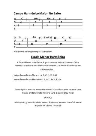 Campo Harmônico Maior No Baixo
Você devera transportar para outros tons
Escala Menor Harmônica
A Escala Menor Harmônica, é igual a menor natural com uma única
diferença a menor natural tem sétima menor já a menor harmônica tem
sétima Maior...
Notas da escala Am Natural: A, B, C, D, E, F, G
Notas da escala Am Harmônica: A, B, C, D, E, F, G#
Como Aplicar a escala menor Harmônica?Quando vc tiver tocando uma
musica em tonalidade menor e surgi o quinto grau maior
Ex: Am,E
Mi é quinto grau maior de La menor. Pode usar a menor harmônica esse
mi pode ter sétima 7m ou 9b
 