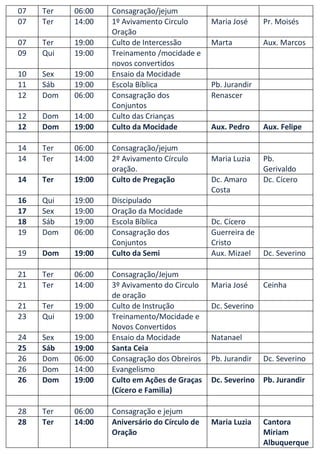 07   Ter   06:00   Consagração/jejum
07   Ter   14:00   1º Avivamento Circulo       Maria José     Pr. Moisés
                   Oração
07   Ter   19:00   Culto de Intercessão        Marta          Aux. Marcos
09   Qui   19:00   Treinamento /mocidade e
                   novos convertidos
10   Sex   19:00   Ensaio da Mocidade
11   Sáb   19:00   Escola Bíblica              Pb. Jurandir
12   Dom   06:00   Consagração dos             Renascer
                   Conjuntos
12   Dom   14:00   Culto das Crianças
12   Dom   19:00   Culto da Mocidade           Aux. Pedro     Aux. Felipe

14   Ter   06:00   Consagração/jejum
14   Ter   14:00   2º Avivamento Círculo       Maria Luzia    Pb.
                   oração.                                    Gerivaldo
14   Ter   19:00   Culto de Pregação           Dc. Amaro      Dc. Cícero
                                               Costa
16   Qui   19:00   Discipulado
17   Sex   19:00   Oração da Mocidade
18   Sáb   19:00   Escola Bíblica              Dc. Cícero
19   Dom   06:00   Consagração dos             Guerreira de
                   Conjuntos                   Cristo
19   Dom   19:00   Culto da Semi               Aux. Mizael    Dc. Severino

21   Ter   06:00   Consagração/Jejum
21   Ter   14:00   3º Avivamento do Circulo    Maria José     Ceinha
                   de oração
21   Ter   19:00   Culto de Instrução          Dc. Severino
23   Qui   19:00   Treinamento/Mocidade e
                   Novos Convertidos
24   Sex   19:00   Ensaio da Mocidade          Natanael
25   Sáb   19:00   Santa Ceia
26   Dom   06:00   Consagração dos Obreiros    Pb. Jurandir   Dc. Severino
26   Dom   14:00   Evangelismo
26   Dom   19:00   Culto em Ações de Graças    Dc. Severino   Pb. Jurandir
                   (Cícero e Familia)

28   Ter   06:00   Consagração e jejum
28   Ter   14:00   Aniversário do Círculo de   Maria Luzia    Cantora
                   Oração                                     Miriam
                                                              Albuquerque
 