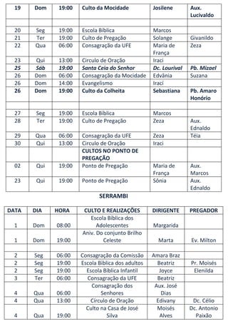 19   Dom     19:00   Culto da Mocidade            Josilene       Aux.
                                                                   Lucivaldo

  20   Seg     19:00   Escola Bíblica               Marcos
  21   Ter     19:00   Culto de Pregação            Solange        Givanildo
  22   Qua     06:00   Consagração da UFE           Maria de       Zeza
                                                    França
  23   Qui     13:00   Circulo de Oração            Iraci
  25   Sáb     19:00   Santa Ceia do Senhor         Dc. Lourival   Pb. Mizael
  26   Dom     06:00   Consagração da Mocidade      Edvânia        Suzana
  26   Dom     14:00   Evangelismo                  Irací
  26   Dom     19:00   Culto da Colheita            Sebastiana     Pb. Amaro
                                                                   Honório

  27    Seg    19:00   Escola Bíblica               Marcos
  28    Ter    19:00   Culto de Pregação            Zeza           Aux.
                                                                   Ednaldo
  29   Qua     06:00   Consagração da UFE           Zeza           Téia
  30   Qui     13:00   Circulo de Oração            Iraci
                       CULTOS NO PONTO DE
                       PREGAÇÃO
  02    Qui    19:00   Ponto de Pregação            Maria de       Aux.
                                                    França         Marcos
  23    Qui    19:00   Ponto de Pregação            Sônia          Aux.
                                                                   Ednaldo
                              SERRAMBI

DATA   DIA    HORA     CULTO E REALIZAÇÕES          DIRIGENTE      PREGADOR
                          Escola Bíblica dos
 1     Dom    08:00          Adolescentes           Margarida
                       Aniv. Do conjunto Brilho
 1     Dom    19:00            Celeste                Marta        Ev. Milton

 2     Seg    06:00    Consagração da Comissão      Amara Braz
 2     Seg    19:00    Escola Biblica dos adultos     Beatriz      Pr. Moisés
 2     Seg    19:00      Escola Bíblica Infantil       Joyce        Elenilda
 3     Ter    06:00      Consagração da UFE           Beatriz
                           Consagração dos           Aux. José
 4     Qua    06:00            Senhores                 Dias
 4     Qua    13:00       Círculo de Oração           Edivany       Dc. Célio
                         Culto na Casa de José        Moisés       Dc. Antonio
 4     Qua    19:00               Silva                Alves         Paixão
 