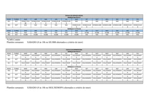 ESCALA DO SERVIÇO SOCIAL
MARÇO/16A FEV/17
RESID TURNO MAR ABR MAI JUN JUL AGO SET OUT NOV DEZ JAN FEV
RA1 M/T SESMA*/HUJ
BB
SESMA/HUJB
B
SESMA/HUJB
B
SESMA/HUJB
B
SESMA/HUJB
B
NAE NAE NAE NAE NAE NAE NAE
RB1 M/T NAE NAE NAE NAE NAE SESMA/HUJB
B
SESMA/HUJB
B
SESMAHUJBB SESMAHUJBB SESMAHUJBB SESMA/HUJB
B
SESMA/HUJB
B
MARÇO/17 A FEV/18
RESID TURNO MAR ABR MAI JUN JUL AGO SET OUT NOV DEZ JAN FEV
RA2 NAE NAE NAE NAE NAE NAE NAE HUJBB HUJBB HUJBB HUJBB HUJBB HUJBB
RB2 M/T HUJBB HUJBB HUJBB HUJBB HUJBB HUJBB NAE NAE NAE NAE NAE NAE
*UMS Condor
Plantões semanais: SÁBADO (8 às 18h no HUJBB alternados a critério do tutor)
ESCALA DA BIOMEDICINA
MARÇO/16A FEV/17
RESID TURNO MAR ABR MAI JUN JUL AGO SET OUT NOV DEZ JAN FEV
RA1 M/T HOL/HEMOP
A
HOL/HEMOP
A
HOL/HEMOP
A
HOL/HEMOPA HOL/HEMOP
A
HOL/HEMOP
A
HOL/HEMOPA HOL/HEMOP
A
HOL/HEMOP
A
HOL/HEMOPA HOL/HEMOP
A
HOL/HEMOP
A
RB1 M/T HOL/HEMOP
A
HOL/HEMOP
A
HOL/HEMOP
A
HOL/HEMOPA HOL/HEMOP
A
HOL/HEMOP
A
HOL/HEMOPA HOL/HEMOP
A
HOL/HEMOP
A
HOL/HEMOPA HOL/HEMOP
A
HOL/HEMOP
A
RC1 M/T HOL/HEMOP
A
HOL/HEMOP
A
HOL/HEMOP
A
HOL/HEMOPA HOL/HEMOP
A
HOL/HEMOP
A
HOL/HEMOPA HOL/HEMOP
A
HOL/HEMOP
A
HOL/HEMOPA HOL/HEMOP
A
HOL/HEMOP
A
MARÇO/17 A FEV/18
RESID TURNO MAR ABR MAI JUN JUL AGO SET OUT NOV DEZ JAN FEV
RA2 M/T HOL/HEMOP
A
HOL/HEMOP
A
HOL/HEMOP
A
HOL/HEMOPA HOL/HEMOP
A
HOL/HEMOP
A
HOL/HEMOPA HOL/HEMOP
A
HOL/HEMOP
A
HOL/HEMOPA HOL/HEMOP
A
HOL/HEMOP
A
RB2 M/T HOL/HEMOP
A
HOL/HEMOP
A
HOL/HEMOP
A
HOL/HEMOPA HOL/HEMOP
A
HOL/HEMOP
A
HOL/HEMOPA HOL/HEMOP
A
HOL/HEMOP
A
HOL/HEMOPA HOL/HEMOP
A
HOL/HEMOP
A
RC2 M/T HOL/HEMOP
A
HOL/HEMOP
A
HOL/HEMOP
A
HOL/HEMOPA HOL/HEMOP
A
HOL/HEMOP
A
HOL/HEMOPA HOL/HEMOP
A
HOL/HEMOP
A
HOL/HEMOPA HOL/HEMOP
A
HOL/HEMOP
A
Plantões semanais: SÁBADO (8 às 18h no HOL/HEMOPA alternados a critério do tutor)
 