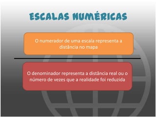 Escalas NuméricasO numerador de uma escala representa a distância no mapa O denominador representa a distância real ou o número de vezes que a realidade foi reduzida