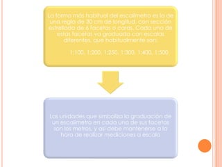 La forma más habitual del escalímetro es la de
una regla de 30 cm de longitud, con sección
estrellada de 6 facetas o caras. Cada una de
estas facetas va graduada con escalas
diferentes, que habitualmente son:
1:100, 1:200, 1:250, 1:300, 1:400, 1:500

Las unidades que simboliza la graduación de
un escalímetro en cada una de sus facetas
son los metros, y así debe mantenerse a la
hora de realizar mediciones a escala

 