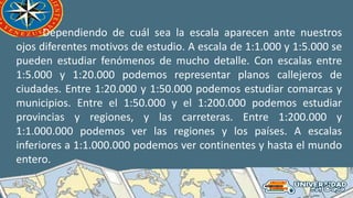 Dependiendo de cuál sea la escala aparecen ante nuestros
ojos diferentes motivos de estudio. A escala de 1:1.000 y 1:5.000 se
pueden estudiar fenómenos de mucho detalle. Con escalas entre
1:5.000 y 1:20.000 podemos representar planos callejeros de
ciudades. Entre 1:20.000 y 1:50.000 podemos estudiar comarcas y
municipios. Entre el 1:50.000 y el 1:200.000 podemos estudiar
provincias y regiones, y las carreteras. Entre 1:200.000 y
1:1.000.000 podemos ver las regiones y los países. A escalas
inferiores a 1:1.000.000 podemos ver continentes y hasta el mundo
entero.
 