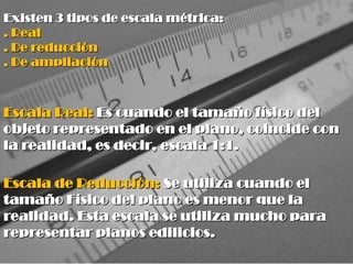 Existen 3 tipos de escala métrica:
Existen 3 tipos de escala métrica:
. Real
. Real
. De reducción
. De reducción
. De ampliación
. De ampliación
Escala Real:
Escala Real: Es cuando el tamaño físico del
Es cuando el tamaño físico del
objeto representado en el plano, coincide con
objeto representado en el plano, coincide con
la realidad, es decir, escala 1:1.
la realidad, es decir, escala 1:1.
Escala de Reducción:
Escala de Reducción: Se utiliza cuando el
Se utiliza cuando el
tamaño Físico del plano es menor que la
tamaño Físico del plano es menor que la
realidad. Esta escala se utiliza mucho para
realidad. Esta escala se utiliza mucho para
representar planos edilicios.
representar planos edilicios.
 