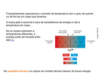 Se os corpos estiverem a
temperaturas diferentes, a
energia pode ser trocada entre
eles (2).
No equilíbrio térmico os corpos em contato térmico deixam de trocar energia.
Frequentemente associamos o conceito de temperatura com o grau de quente
ou de frio de um corpo que tocamos .
A nossa pele é sensível à taxa de transferência de energia e não à
temperatura do corpo .
Imagem:
SEE-PE
 