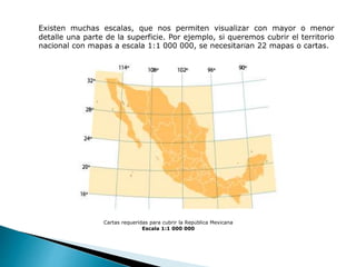Existen muchas escalas, que nos permiten visualizar con mayor o menor
detalle una parte de la superficie. Por ejemplo, si queremos cubrir el territorio
nacional con mapas a escala 1:1 000 000, se necesitarían 22 mapas o cartas.
Cartas requeridas para cubrir la República Mexicana
Escala 1:1 000 000
 