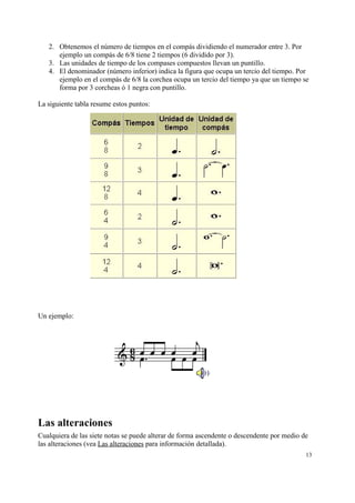 2. Obtenemos el número de tiempos en el compás dividiendo el numerador entre 3. Por
ejemplo un compás de 6/8 tiene 2 tiempos (6 dividido por 3).
3. Las unidades de tiempo de los compases compuestos llevan un puntillo.
4. El denominador (número inferior) indica la figura que ocupa un tercio del tiempo. Por
ejemplo en el compás de 6/8 la corchea ocupa un tercio del tiempo ya que un tiempo se
forma por 3 corcheas ó 1 negra con puntillo.
La siguiente tabla resume estos puntos:
Un ejemplo:
Las alteraciones
Cualquiera de las siete notas se puede alterar de forma ascendente o descendente por medio de
las alteraciones (vea Las alteraciones para información detallada).
13
 