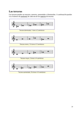 Las terceras
Las terceras pueden ser mayores, menores, aumentadas o disminuidas. A continuación pueden
ver el número de semitonos de cada una de las especies de terceras.
20
 