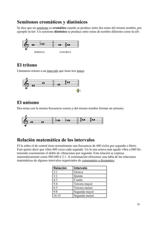 Semitonos cromáticos y diatónicos
Se dice que un semitono es cromático cuando se produce entre dos notas del mismo nombre, por
ejemplo la-la#. Un semitono diatónico se produce entre notas de nombre diferente como la-sib:
El tritono
Llamamos tritono a un intervalo que tiene tres tonos:
El unísono
Dos notas con la misma frecuencia sonora y del mismo nombre forman un unísono:
Relación matemática de los intervalos
El la sobre el do central tiene normalmente una frecuencia de 440 ciclos por segundo o Hertz.
Esto quiere decir que vibra 440 veces cada segundo. Un la una octava más agudo vibra a 880 Hz.
teniendo exactamente el doble de vibraciones por segundo. Esta relación se expresa
matemáticamente como 880:440 ó 2:1. A continuación ofrecemos una tabla de las relaciones
matemáticas de algunos intervalos organizados de consonantes a disonantes:
Relación Intervalo
2:1 Octava
3:2 Quinta
4:3 Cuarta
5:4 Tercera mayor
6:5 Tercera menor
9:8 Segunda mayor
16:15 Segunda menor
30
 