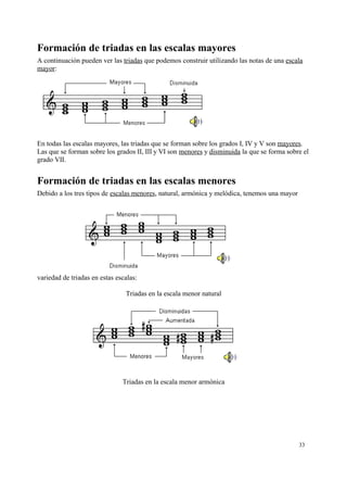 Formación de triadas en las escalas mayores
A continuación pueden ver las triadas que podemos construir utilizando las notas de una escala
mayor:
En todas las escalas mayores, las triadas que se forman sobre los grados I, IV y V son mayores.
Las que se forman sobre los grados II, III y VI son menores y disminuida la que se forma sobre el
grado VII.
Formación de triadas en las escalas menores
Debido a los tres tipos de escalas menores, natural, armónica y melódica, tenemos una mayor
variedad de triadas en estas escalas:
Triadas en la escala menor natural
Triadas en la escala menor armónica
33
 