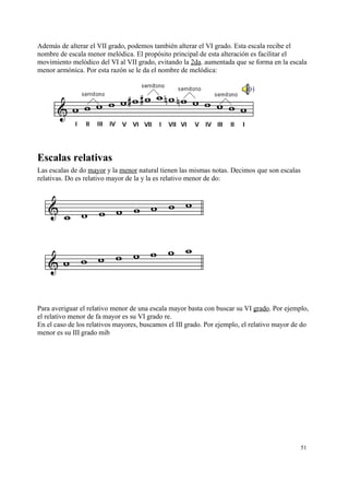 Además de alterar el VII grado, podemos también alterar el VI grado. Esta escala recibe el
nombre de escala menor melódica. El propósito principal de esta alteración es facilitar el
movimiento melódico del VI al VII grado, evitando la 2da. aumentada que se forma en la escala
menor armónica. Por esta razón se le da el nombre de melódica:
Escalas relativas
Las escalas de do mayor y la menor natural tienen las mismas notas. Decimos que son escalas
relativas. Do es relativo mayor de la y la es relativo menor de do:
Para averiguar el relativo menor de una escala mayor basta con buscar su VI grado. Por ejemplo,
el relativo menor de fa mayor es su VI grado re.
En el caso de los relativos mayores, buscamos el III grado. Por ejemplo, el relativo mayor de do
menor es su III grado mib
51
 