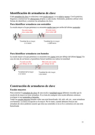Identificación de armaduras de clave
Cada armadura de clave se relaciona a una escala mayor y a su relativo menor. Con la práctica,
llegamos a memorizar las alteraciones propias a cada escala. Entretanto, podemos utilizar otras
formas de identificar y construir las armaduras de clave.
Para identificar armaduras con sostenidos
La escala mayor a la que pertenece se encuentra medio tono por arriba del último sostenido:
Para identificar armaduras con bemoles
La escala mayor a la que pertenece se encuentra una cuarta justa por debajo del último bemol. En
caso de más de un bemol, el penúltimo bemol también nos indica la tonalidad:
Construcción de armaduras de clave
Escalas mayores
Para construir la armadura de clave de una escala o tonalidad mayor debemos recordar que la
escala de do mayor no tiene armadura. Si se trata de cualquier otra escala debemos entonces
averiguar si usa sostenidos o bemoles.
Todas las escalas mayores basadas sobre una nota bemolizada: sib, mib, reb, etc., usan armaduras
con bemoles. La única excepción es fa mayor. Por lo tanto, cuando debamos buscar una
armadura de clave podemos asumir que ésta usa sostenidos si no es fa o comienza con una nota
bemolizada
53
 