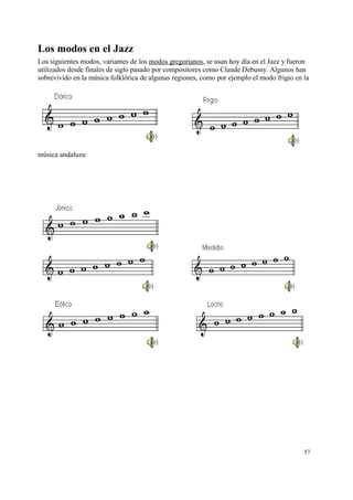 Los modos en el Jazz
Los siguientes modos, variantes de los modos gregorianos, se usan hoy día en el Jazz y fueron
utilizados desde finales de siglo pasado por compositores como Claude Debussy. Algunos han
sobrevivido en la música folklórica de algunas regiones, como por ejemplo el modo frigio en la
música andaluza:
57
 