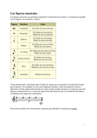 Las figuras musicales
Las figuras musicales nos permiten especificar la duración de un sonido. A continuación pueden
ver las figuras, sus nombres y valores:
Como podrán notar, cada figura dura el doble de tiempo que la siguiente y la mitad del tiempo
que la anterior. Por ejemplo, en este corto fragmento musical vemos dos patrones rítmicos
diferentes. El más agudo está formado por cuatro negras (sonido de piano), el más grave por dos
blancas (sonido percusivo). Como una negra tiene una duración que es la mitad de una blanca,
escuchamos dos negras por cada blanca:
Pero antes de poder leer correctamente, tenemos que entender el concepto de compás.
7
 