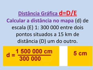 Distância Gráfica d=D/E
Calcular a distância no mapa (d) de
escala (E) 1: 300 000 entre dois
pontos situados a 15 km de
distância (D) um do outro.
 