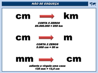NÃO SE ESQUEÇA 
cm km
cm m
mm cm
CORTA 5 ZEROS
85.000.000 = 850 km
CORTA 2 ZEROS
5.000 cm = 50 m
adianta a vírgula uma casa
135 mm = 13,5 cm
 