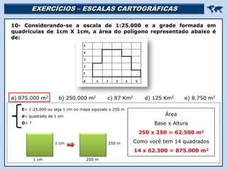 EXERCÍCIOS – ESCALAS CARTOGRÁFICAS 
Religião Predominante: Islamismo
10- Considerando-se a escala de 1:25.000 e a grade formada em
quadrículas de 1cm X 1cm, a área do polígono representado abaixo é
de:
a) 875.000 m2 b) 250.000 m2 c) 87 Km2 d) 125 Km2 e) 8.750 m2
E= 1:25.000 ou seja 1 cm no mapa equivale a 250 m
d= quadrado de 1 cm
D= ?
Área
Base x Altura
250 x 250 = 62.500 m2
Como você tem 14 quadrados
14 x 62.500 = 875.000 m2
1 cm
1 cm
250 m
250 m
 