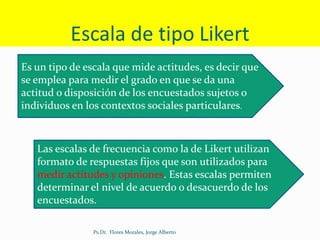 Escala de tipo Likert
Es un tipo de escala que mide actitudes, es decir que
se emplea para medir el grado en que se da una
actitud o disposición de los encuestados sujetos o
individuos en los contextos sociales particulares.
Las escalas de frecuencia como la de Likert utilizan
formato de respuestas fijos que son utilizados para
medir actitudes y opiniones. Estas escalas permiten
determinar el nivel de acuerdo o desacuerdo de los
encuestados.
Ps.Dr. Flores Morales, Jorge Alberto
 
