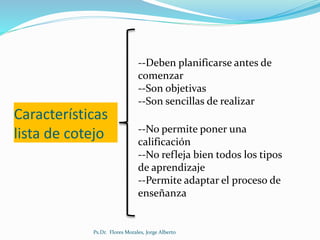Características
lista de cotejo
--Deben planificarse antes de
comenzar
--Son objetivas
--Son sencillas de realizar
--No permite poner una
calificación
--No refleja bien todos los tipos
de aprendizaje
--Permite adaptar el proceso de
enseñanza
Ps.Dr. Flores Morales, Jorge Alberto
 