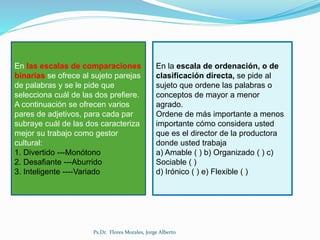 En las escalas de comparaciones
binarias se ofrece al sujeto parejas
de palabras y se le pide que
selecciona cuál de las dos prefiere.
A continuación se ofrecen varios
pares de adjetivos, para cada par
subraye cuál de las dos caracteriza
mejor su trabajo como gestor
cultural:
1. Divertido ---Monótono
2. Desafiante ---Aburrido
3. Inteligente ----Variado
En la escala de ordenación, o de
clasificación directa, se pide al
sujeto que ordene las palabras o
conceptos de mayor a menor
agrado.
Ordene de más importante a menos
importante cómo considera usted
que es el director de la productora
donde usted trabaja
a) Amable ( ) b) Organizado ( ) c)
Sociable ( )
d) Irónico ( ) e) Flexible ( )
Ps.Dr. Flores Morales, Jorge Alberto
 