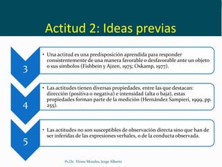 Actitud 2: Ideas previas
3
• Una actitud es una predisposición aprendida para responder
consistentemente de una manera favorable o desfavorable ante un objeto
o sus símbolos (Fishbein y Ajzen, 1975; Oskamp, 1977).
4
• Las actitudes tienen diversas propiedades, entre las que destacan:
dirección (positiva o negativa) e intensidad (alta o baja), estas
propiedades forman parte de la medición (Hernández Sampieri, 1999, pp.
255).
5
• Las actitudes no son susceptibles de observación directa sino que han de
ser inferidas de las expresiones verbales, o de la conducta observada.
Ps.Dr. Flores Morales, Jorge Alberto
 