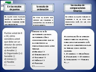 En las escalas  de puntos Puntúe usted de 0 a 10, cómo considera usted que debe ser un director de centro cultural ideal a) Amable ( )  b) Organizado () c) Sociable ( ) d) Irónico ( ) e) Flexible ( ) .............. la escala de  ordenación las escalas de comparaciones binarias Ordene de más importante a menos importante cómo considera usted que es el director de la productora donde usted trabaja Amable ( ) b) Organizado ( ) c) Sociable ( ) d) Irónico ( ) e) Flexible ( ) ................ A continuación se ofrecen varios pares de adjetivos, para cada par subraye cuál de las dos caracteriza mejor su trabajo como gestor cultural: 1. Divertido --- Monótono 2. Desafiante --- Divertido 3. Inteligente ---- Variado 4 ....- El sujeto debe puntuar según su aceptación o rechazo palabras entre las presentadas. Se pide al sujeto que ordene las palabras o conceptos de mayor a menor agrado.. Se ofrece al sujeto parejas de palabras y se le pide que selecciona cuál de las dos prefiere .. 