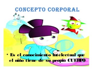 COnCEPTO CORPORAl
• Es el conocimiento intelectual que
el niño tiene de su propio CUERPO
 