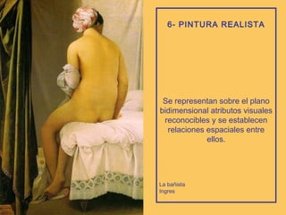 6- PINTURA REALISTA Se representan sobre el plano bidimensional atributos visuales reconocibles y se establecen relaciones espaciales entre ellos. La bañista Ingres 