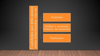 Cualidadesquedebeposeer
estánrelacionadasconsu:
Fiabilidad
Validez: v. contenido.
Criterio, de constructo
Tipificación
 