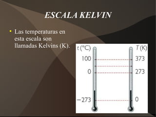 ESCALA KELVIN

    Las temperaturas en
    esta escala son
    llamadas Kelvins (K).
 