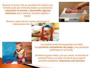 Durante el primer año su socialización estará muy
limitada pues por entonces dedica sus esfuerzos
  a descubrir el mundo y desarrollar algunas
   destrezas como caminar, levantar objetos o
                     hablar.

   Recién a partir de los 2 años comenzará a
         relacionarse con otros niños.




                                     Los padres como los terapeutas son ellos
                               sus primeros compañeros de juego y sus personas
                                             preferidas en el mundo.

                               Al bebé le gusta verlos y oír sus voces, le encanta el
                                  contacto físico y es este vínculo el que luego le
                                   permitirá establecer relaciones con terceros
 