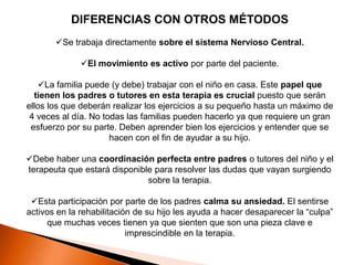 DIFERENCIAS CON OTROS MÉTODOS
       Se trabaja directamente sobre el sistema Nervioso Central.

              El movimiento es activo por parte del paciente.

   La familia puede (y debe) trabajar con el niño en casa. Este papel que
  tienen los padres o tutores en esta terapia es crucial puesto que serán
ellos los que deberán realizar los ejercicios a su pequeño hasta un máximo de
 4 veces al día. No todas las familias pueden hacerlo ya que requiere un gran
 esfuerzo por su parte. Deben aprender bien los ejercicios y entender que se
                      hacen con el fin de ayudar a su hijo.

Debe haber una coordinación perfecta entre padres o tutores del niño y el
terapeuta que estará disponible para resolver las dudas que vayan surgiendo
                              sobre la terapia.

 Esta participación por parte de los padres calma su ansiedad. El sentirse
activos en la rehabilitación de su hijo les ayuda a hacer desaparecer la “culpa”
     que muchas veces tienen ya que sienten que son una pieza clave e
                           imprescindible en la terapia.
 