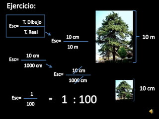 Ejercicio:T. DibujoEsc=T. Real10 m 10 cmEsc= 10 m 10 cmEsc=1000 cm 10 cmEsc=1000 cm10 cm 11 : 100Esc==100
