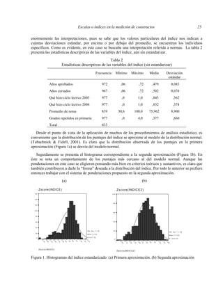 Escalas o índices en la medición de constructos 25
enormemente las interpretaciones, pues se sabe que los valores particulares del índice nos indican a
cuántas desviaciones estándar, por encima o por debajo del promedio, se encuentran los individuos
específicos. Como es evidente, en este caso se buscaba una interpretación referida a normas. La tabla 2
presenta las estadísticas descriptivas de las variables del índice, aún sin estandarizar.
Tabla 2
Estadísticas descriptivas de las variables del índice (sin estandarizar)
Frecuencia Mínimo Máximo Media Desviación
estándar
Años aprobados 972 ,06 ,72 ,479 0,083
Años cursados 967 ,06 ,72 ,502 0,078
Qué hizo ciclo lectivo 2003 977 ,0 1,0 ,845 ,362
Qué hizo ciclo lectivo 2004 977 ,0 1,0 ,832 ,374
Promedio de notas 839 30,6 100,0 75,962 8,900
Grados repetidos en primaria 977 ,0 4,0 ,377 ,660
Toral 833
Desde el punto de vista de la aplicación de muchos de los procedimientos de análisis estadístico, es
conveniente que la distribución de los puntajes del índice se aproxime al modelo de la distribución normal.
(Tabachnick & Fidell, 2001). Es claro que la distribución observada de los puntajes en la primera
aproximación (Figura 1a) se desvía del modelo normal.
Seguidamente se presenta el histograma correspondiente a la segunda aproximación (Figura 1b). En
éste se nota un comportamiento de los puntajes más cercano al del modelo normal. Aunque las
ponderaciones en este caso se eligieron pensando más bien en criterios teóricos y sustantivos, es claro que
también contribuyen a darle la “forma” deseada a la distribución del índice. Por todo lo anterior se prefiere
entonces trabajar con el sistema de ponderaciones propuesto en la segunda aproximación.
(a) (b)
Figura 1. Histogramas del índice estandarizado. (a) Primera aproximación. (b) Segunda aproximación
Zsco re (IND IC E)
2
.2
5
1
.7
5
1
.2
5
.7
5
.2
5
-.2
5
-.7
5
-1
.2
5
-1
.7
5
-2
.2
5
-2
.7
5
-3
.2
5
-3
.7
5
Zscore(INDICE)
Frequency
1 6 0
1 4 0
1 2 0
1 0 0
8 0
6 0
4 0
2 0
0
S td . De v = 1 .0 0
M e a n = 0 .0 0
N = 9 7 7 .0 0
Zsco re (IND IC E2 )
2
.2
5
1
.7
5
1
.2
5
.7
5
.2
5
-.2
5
-.7
5
-1
.2
5
-1
.7
5
-2
.2
5
-2
.7
5
-3
.2
5
Zscore(INDICE2)
Frequency
1 0 0
8 0
6 0
4 0
2 0
0
S td . D e v = 1 .0 0
M e a n = 0 .0 0
N = 8 3 3 .0 0
 