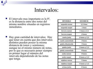 Intervalos:
 El intervalo mas importante es la 8ª,
es la distancia entre dos notas del
mismo nombre situadas en registros
inmediatos.
 Hay gran cantidad de intervalos; Hay
que tener en cuenta que dos intervalos
distintos pueden poseer la misma
distancia de tonos y semitonos;
aunque no el mismo número de notas,
por lo que es necesario poner siempre
en primer lugar el número del
intervalo dependiendo de las notas
que tenga.
 