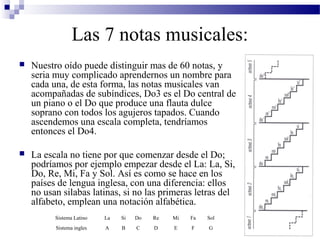 Las 7 notas musicales:
 Nuestro oído puede distinguir mas de 60 notas, y
seria muy complicado aprendernos un nombre para
cada una, de esta forma, las notas musicales van
acompañadas de subíndices, Do3 es el Do central de
un piano o el Do que produce una flauta dulce
soprano con todos los agujeros tapados. Cuando
ascendemos una escala completa, tendríamos
entonces el Do4.
 La escala no tiene por que comenzar desde el Do;
podríamos por ejemplo empezar desde el La: La, Si,
Do, Re, Mi, Fa y Sol. Así es como se hace en los
países de lengua inglesa, con una diferencia: ellos
no usan silabas latinas, si no las primeras letras del
alfabeto, emplean una notación alfabética.
Sistema Latino La Si Do Re Mi Fa Sol
Sistema ingles A B C D E F G
 
