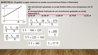 QUESTÃO 01- O gráfico a seguir relaciona as escalas termométricas Celsius e Fahrenheit.
Um termômetro graduado na escala Celsius indica uma temperatura de 25
oC.
A correspondente indicação de um termômetro graduado na escala
Fahrenheit é:
a) 52 oF b) 30 oF c) 68 oF d) 77oF e) 22 oF
 