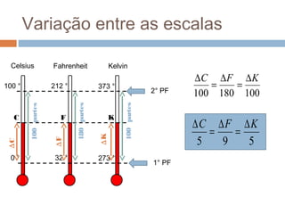 Variação entre as escalas

  Celsius             Fahrenheit                Kelvin
                                                                         ∆C ∆F ∆K
100 °                 212 °                373 °
                                                                 2° PF
                                                                            =   =
                                                                         100 180 100
                              180 partes




                                                    100 partes
         100 partes




  C                     F                       K
                                                                         ∆C ∆F ∆K
                                                                            =   =
                                           ∆K




                                                                          5   9   5
                      ∆F
∆C




  0°                   32 °                273 °
                                                                 1° PF
 