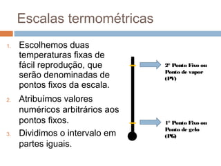 Escalas termométricas
1.   Escolhemos duas
     temperaturas fixas de
     fácil reprodução, que       2° Ponto Fixo ou
     serão denominadas de        Ponto de vapor
                                 (PV)
     pontos fixos da escala.
2.   Atribuímos valores
     numéricos arbitrários aos
     pontos fixos.               1° Ponto Fixo ou
                                 Ponto de gelo
3.   Dividimos o intervalo em    (PG)
     partes iguais.
 