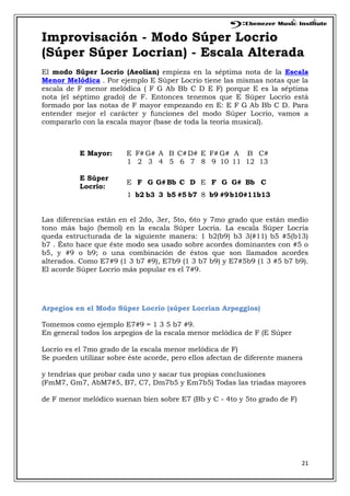 21 
Improvisación - Modo Súper Locrio 
(Súper Súper Locrian) - Escala Alterada 
El modo Súper Locrio (Aeolian) empieza en la séptima nota de la Escala 
Menor Melódica . Por ejemplo E Súper Locrio tiene las mismas notas que la 
escala de F menor melódica ( F G Ab Bb C D E F) porque E es la séptima 
nota (el séptimo grado) de F. Entonces tenemos que E Súper Locrio está 
formado por las notas de F mayor empezando en E: E F G Ab Bb C D. Para 
entender mejor el carácter y funciones del modo Súper Locrio, vamos a 
compararlo con la escala mayor (base de toda la teoría musical). 
E Mayor: E F# G# A B C# D# E F# G# A B C# 
1 2 3 4 5 6 7 8 9 10 11 12 13 
E Súper 
Locrio: 
E F G G# Bb C D E F G G# Bb C 
1 b2 b3 3 b5 #5 b7 8 b9 #9 b10 #11 b13 
Las diferencias están en el 2do, 3er, 5to, 6to y 7mo grado que están medio 
tono más bajo (bemol) en la escala Súper Locria. La escala Súper Locria 
queda estructurada de la siguiente manera: 1 b2(b9) b3 3(#11) b5 #5(b13) 
b7 . Ésto hace que éste modo sea usado sobre acordes dominantes con #5 o 
b5, y #9 o b9; o una combinación de éstos que son llamados acordes 
alterados. Como E7#9 (1 3 b7 #9), E7b9 (1 3 b7 b9) y E7#5b9 (1 3 #5 b7 b9). 
El acorde Súper Locrio más popular es el 7#9. 
Arpegios en el Modo Súper Locrio (súper Locrian Arpeggios) 
Tomemos como ejemplo E7#9 = 1 3 5 b7 #9. 
En general todos los arpegios de la escala menor melódica de F (E Súper 
Locrio es el 7mo grado de la escala menor melódica de F) 
Se pueden utilizar sobre éste acorde, pero ellos afectan de diferente manera 
y tendrías que probar cada uno y sacar tus propias conclusiones 
(FmM7, Gm7, AbM7#5, B7, C7, Dm7b5 y Em7b5) Todas las triadas mayores 
de F menor melódico suenan bien sobre E7 (Bb y C - 4to y 5to grado de F) 
 