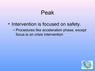 Peak 
• Intervention is focused on safety. 
– Procedures like acceleration phase, except 
focus is on crisis intervention 
 