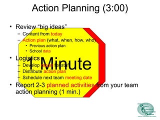 Action Planning (3:00) 
• Review “big ideas” 
– Content from today 
– Action plan (what, when, how, who) 
• Previous Attention 
action plan 
• School data 
1P Mleiansuete 
• Logistics 
– Develop report for staff 
– Distribute action plan 
– Schedule next team meeting date 
• Report 2-3 planned activities from your team 
action planning (1 min.) 
