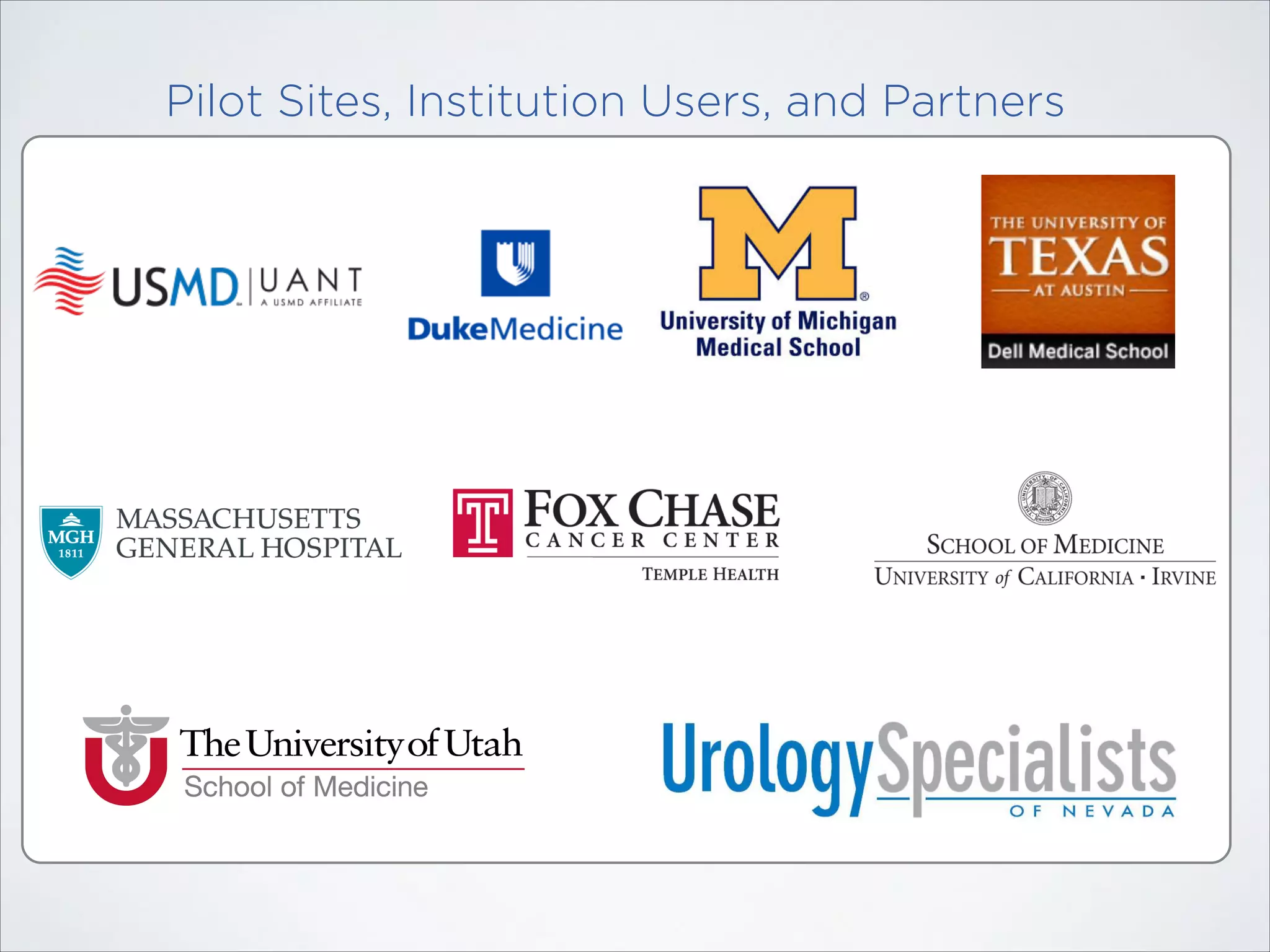 Pilot Sites, Institution Users, and Partners

 