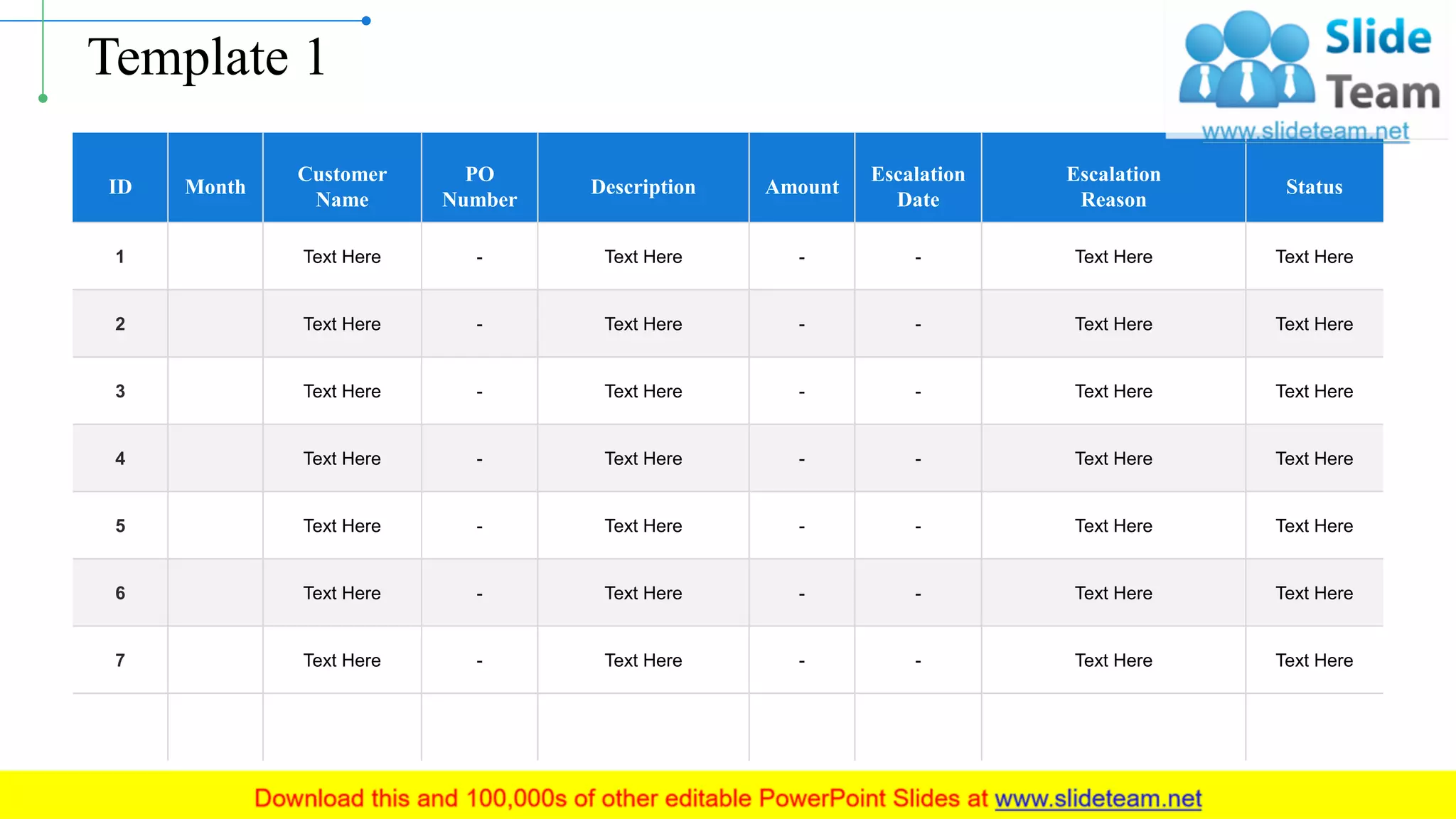 Template 1
ID Month
Customer
Name
PO
Number
Description Amount
Escalation
Date
Escalation
Reason
Status
1 Text Here - Text Here - - Text Here Text Here
2 Text Here - Text Here - - Text Here Text Here
3 Text Here - Text Here - - Text Here Text Here
4 Text Here - Text Here - - Text Here Text Here
5 Text Here - Text Here - - Text Here Text Here
6 Text Here - Text Here - - Text Here Text Here
7 Text Here - Text Here - - Text Here Text Here
This slide is 100% editable. Adapt it to your needs and capture your audience's attention. 2
 