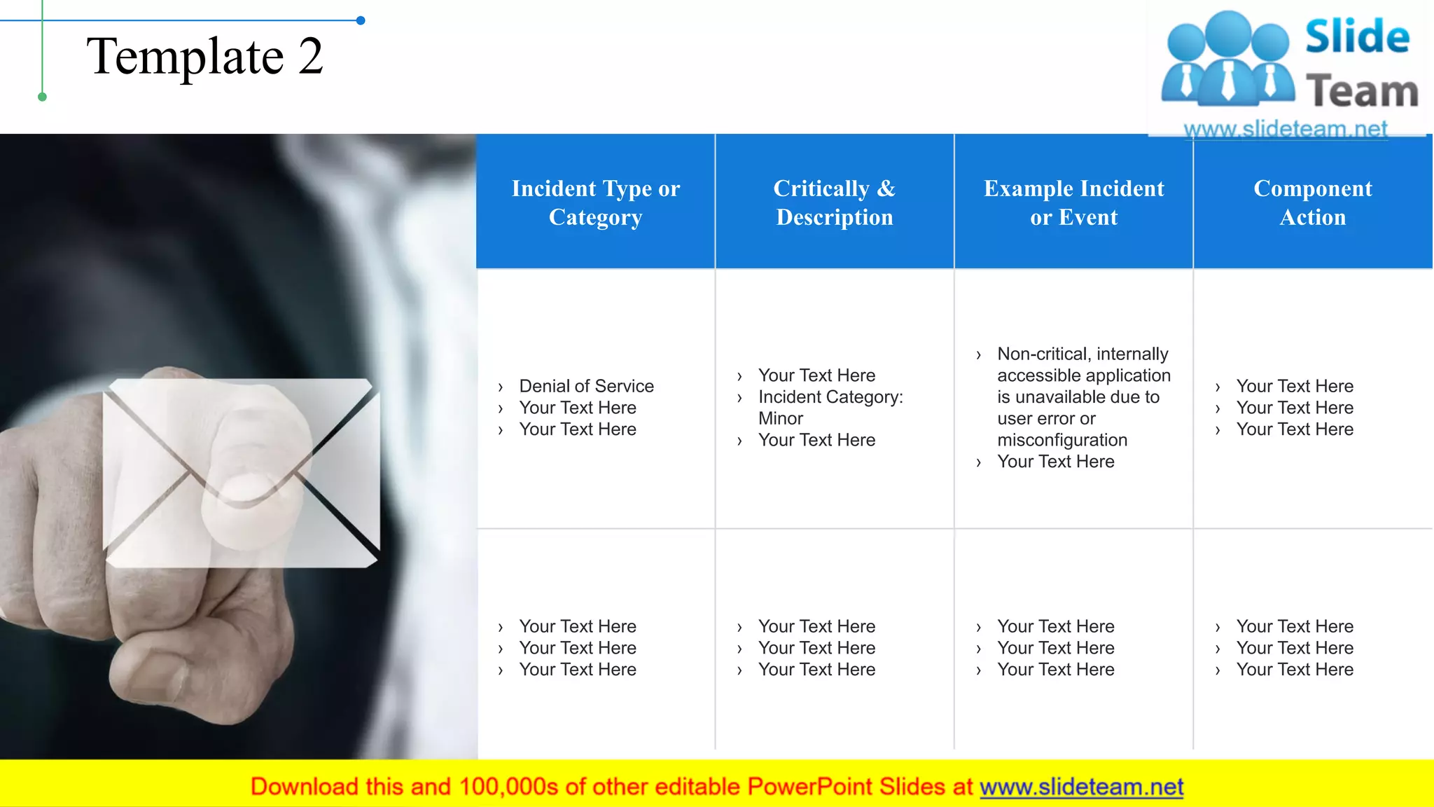Template 2
Incident Type or
Category
Critically &
Description
Example Incident
or Event
Component
Action
› Denial of Service
› Your Text Here
› Your Text Here
› Your Text Here
› Incident Category:
Minor
› Your Text Here
› Non-critical, internally
accessible application
is unavailable due to
user error or
misconfiguration
› Your Text Here
› Your Text Here
› Your Text Here
› Your Text Here
› Your Text Here
› Your Text Here
› Your Text Here
› Your Text Here
› Your Text Here
› Your Text Here
› Your Text Here
› Your Text Here
› Your Text Here
› Your Text Here
› Your Text Here
› Your Text Here
This slide is 100% editable. Adapt it to your needs and capture your audience's attention. 3
 