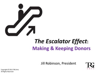 The Escalator Effect:
                            Making & Keeping Donors

                               Jill Robinson, President
Copyright © 2012 TRG Arts
All Rights Reserved
 