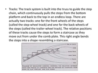 • Tracks: The track system is built into the truss to guide the step 
chain, which continuously pulls the steps from the bottom 
platform and back to the top in an endless loop. There are 
actually two tracks: one for the front wheels of the steps 
(called the step-wheel track) and one for the back wheels of 
the steps (called the trailer-wheel track). The relative positions 
of these tracks cause the steps to form a staircase as they 
move out from under the comb plate. This right angle bends 
the steps into a shape resembling a staircase. 
 