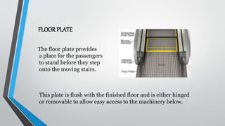 FLOORPLATE
The floor plate provides
a place for the passengers
to stand before they step
onto the moving stairs.
This plate is flush with the finished floor and is either hinged
or removable to allow easy access to the machinery below.
 